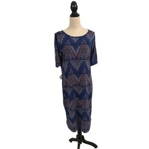 LuLaRoe Women’s Julia Geometric Design Blue White & Pink Knee Length Dress Sz XL